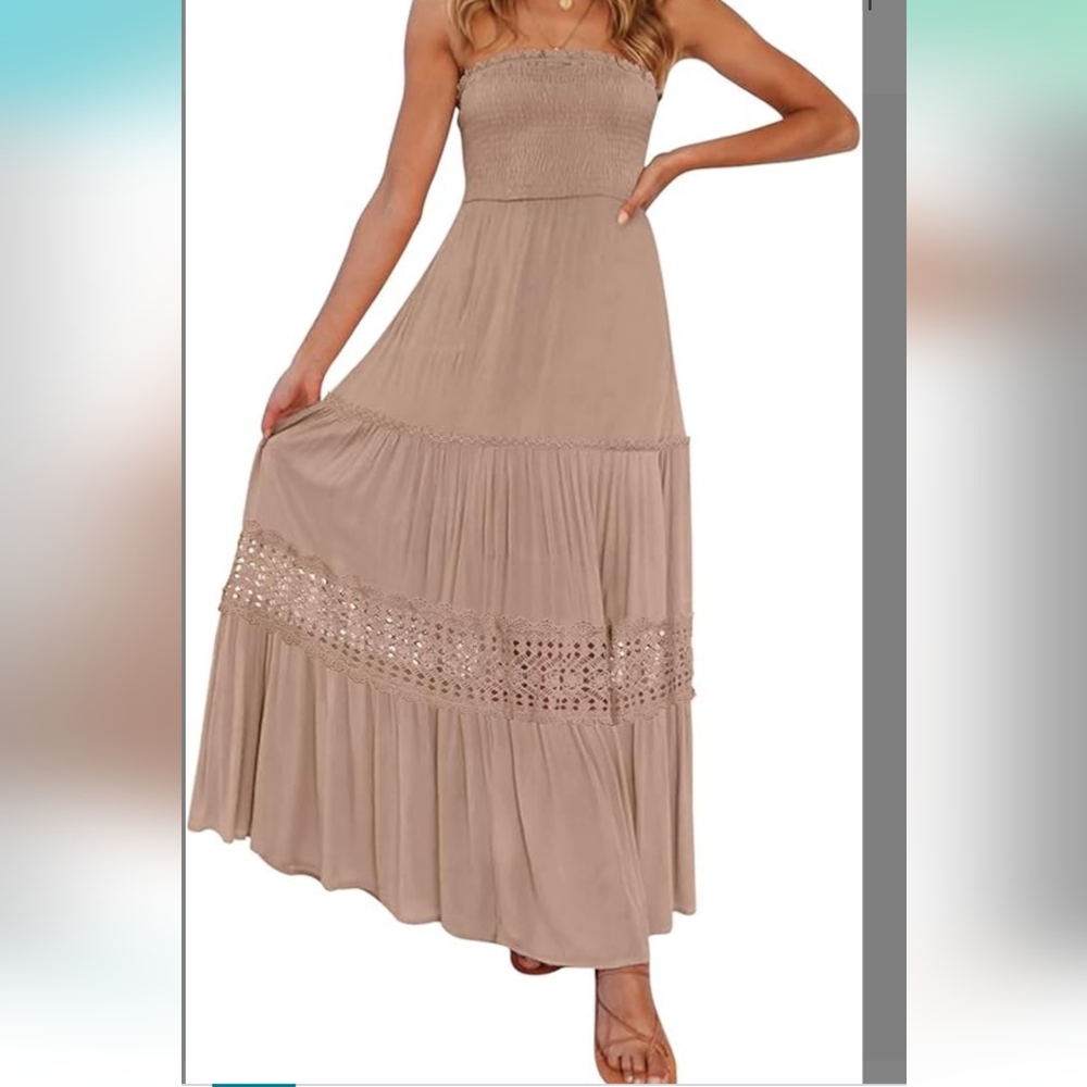 Strapless Maxi Dress, Size L 10/12. Pink'ish/Taupe in color. Lace Details